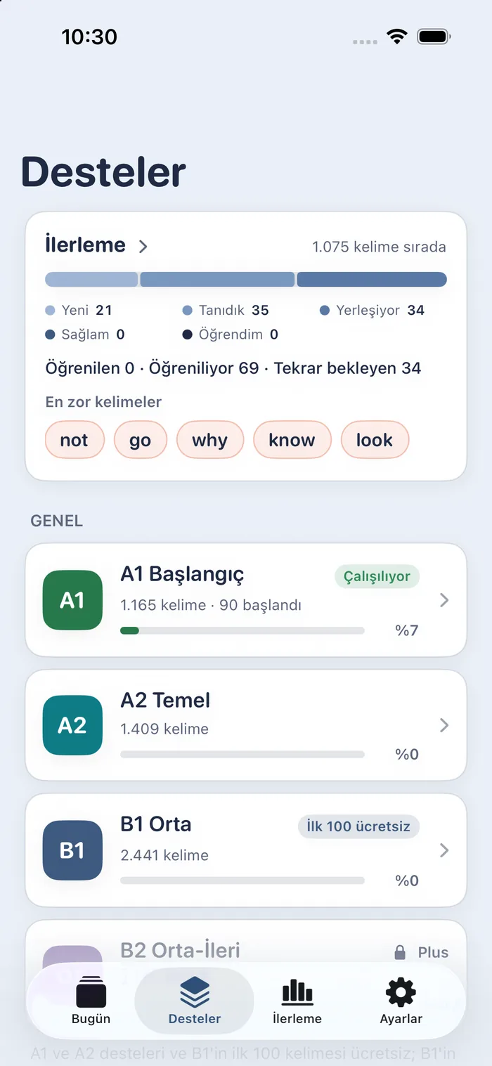 The app's Decks screen, in Turkish: A1 Beginner (1,165 words) and A2 Elementary (1,409 words) are free; B1 Intermediate (2,441) is open with a 'first 100 free' badge; B2 Upper intermediate (2,752) and the academic decks are locked, in Plus.