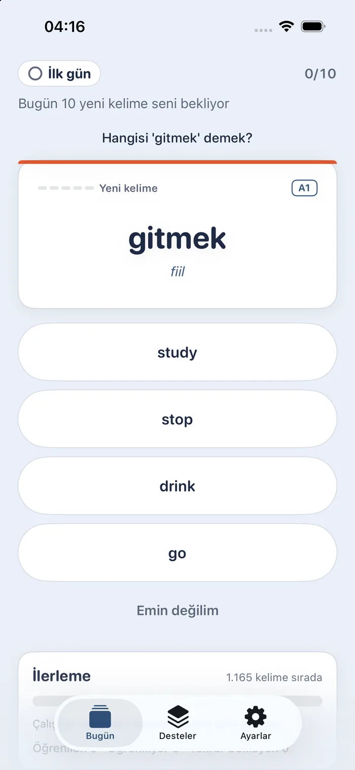 A four-option question in Turkish: “Which one means 'gitmek'?”; the card shows gitmek, verb; below it the options study, stop, drink and go, and Emin değilim (“not sure”).